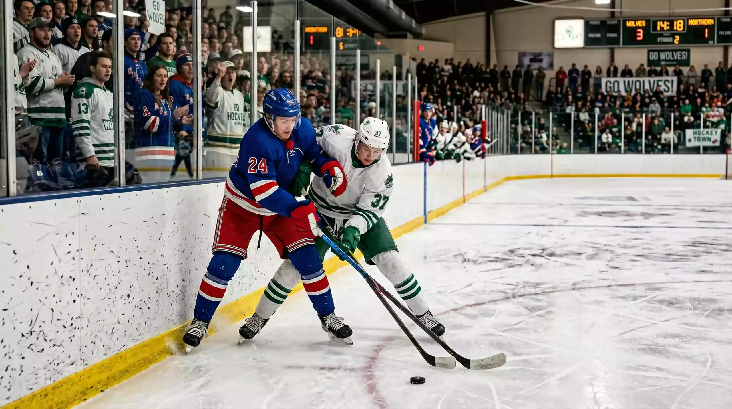 DEL2 Eishockeyspiel mit Spielern im Zweikampf