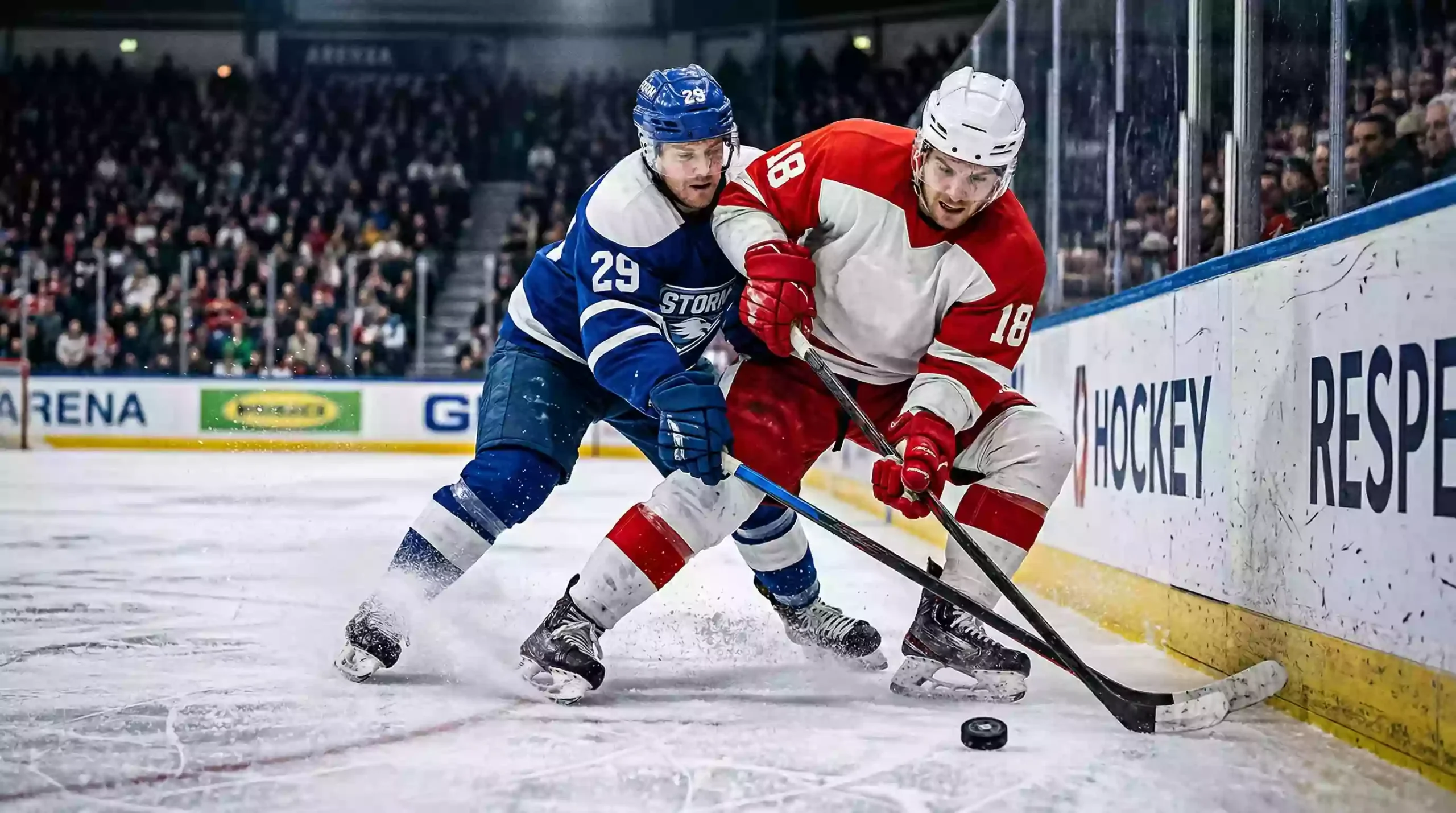 EHC Red Bull München Eishockeyspieler im Zweikampf