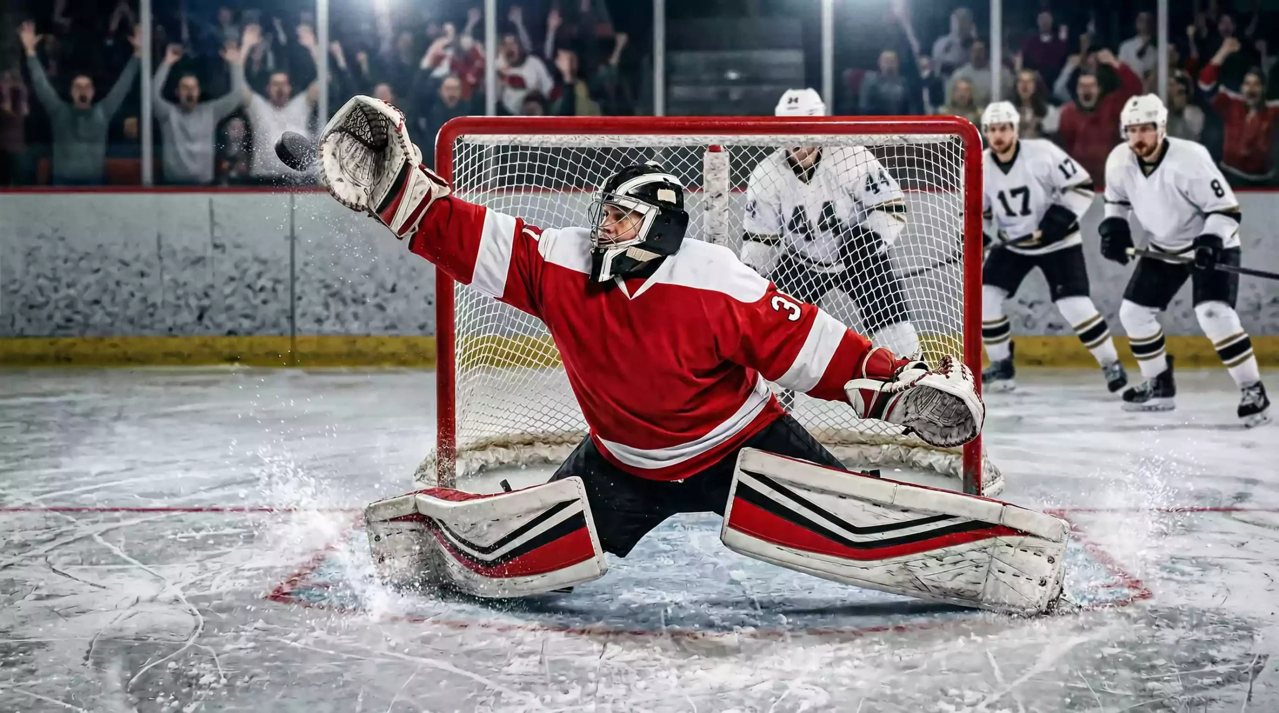 Eishockey Wettarten – Torwart hält den Puck während eines intensiven Spiels
