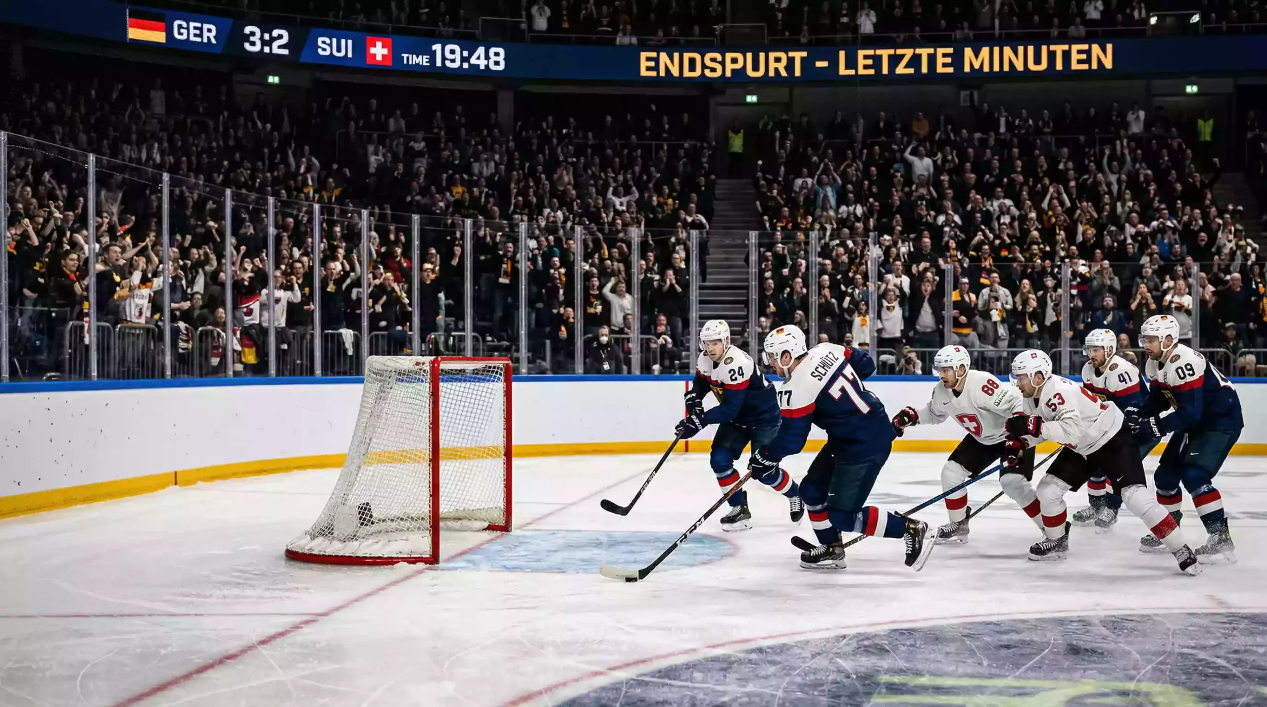 Leeres Eishockeytor ohne Torwart in der Schlussphase