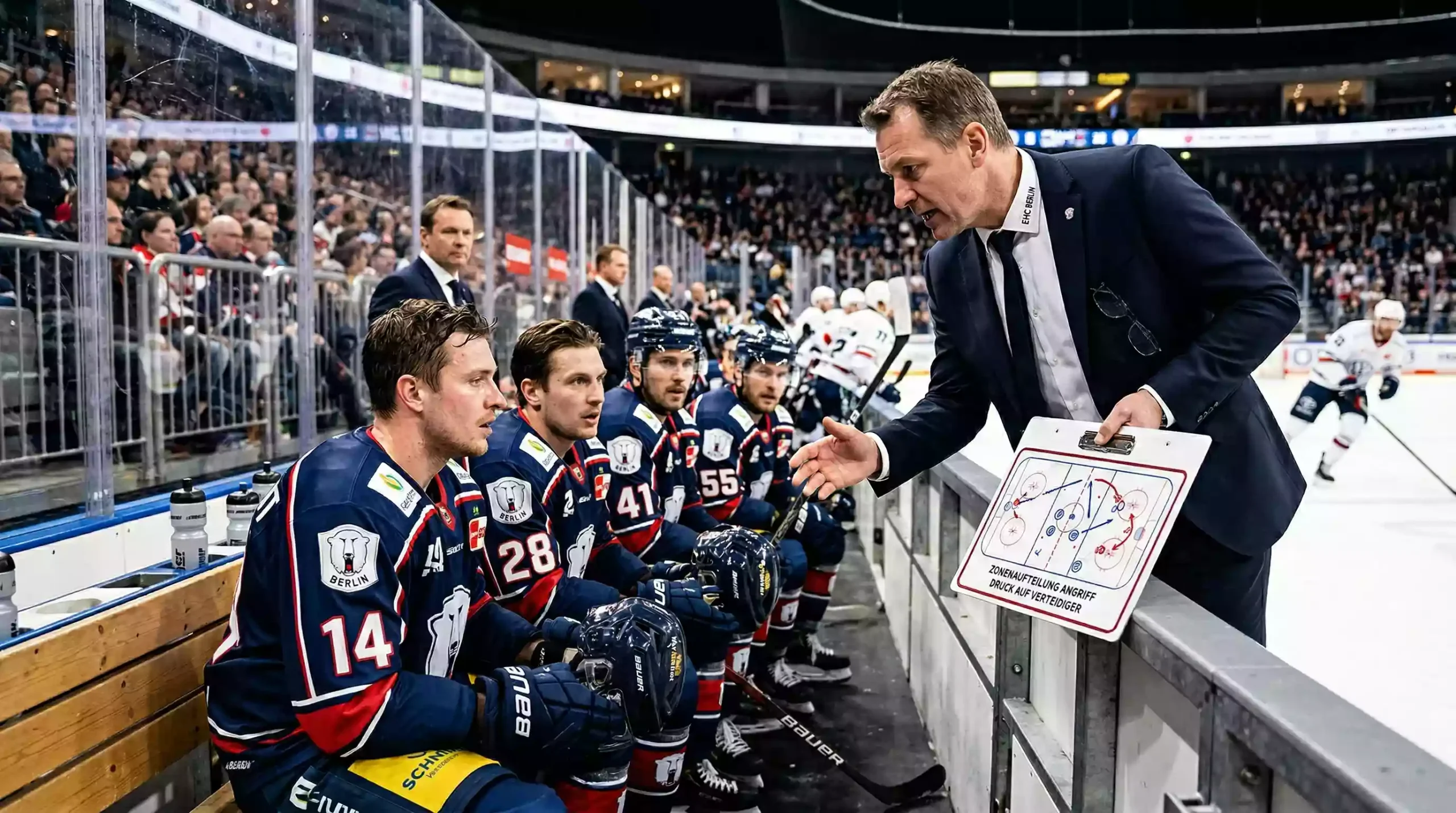 Eishockeytrainer analysiert Taktik mit Spielern auf der Bank