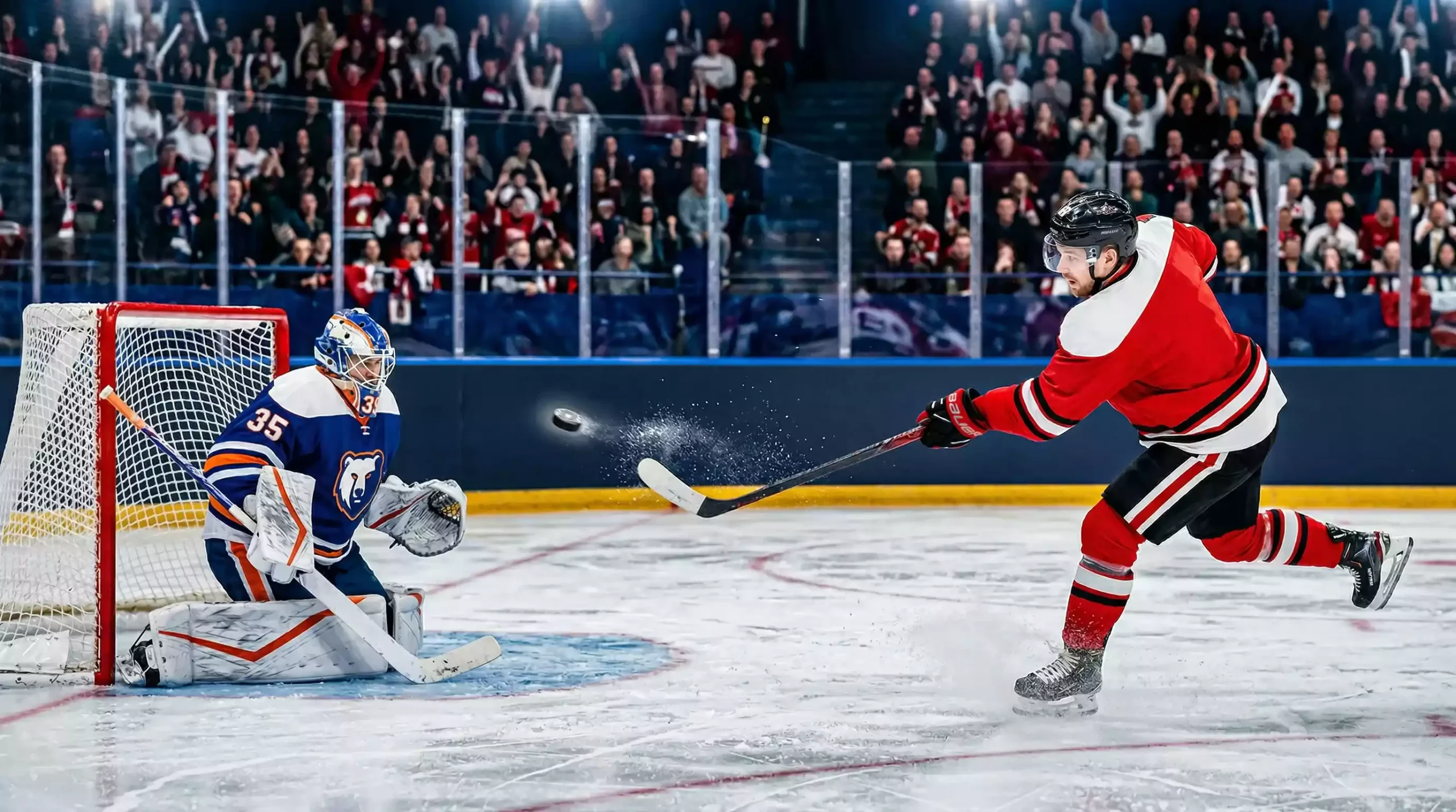 Eishockeyspieler schießt auf das Tor mit Torhüter bereit