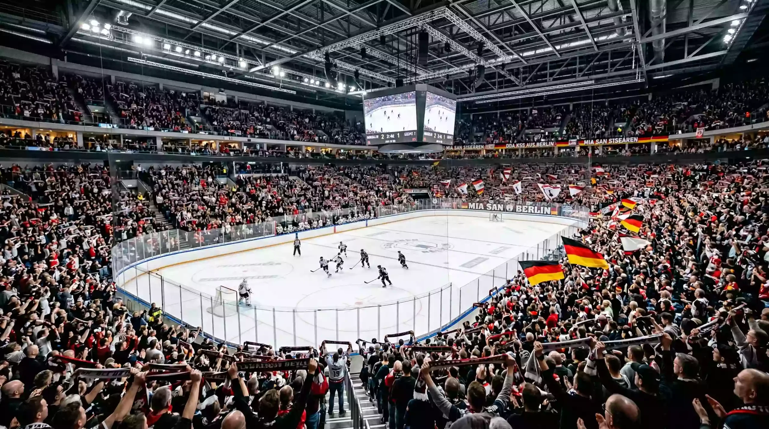 Volle Eishockey Arena mit jubelnden Heimfans