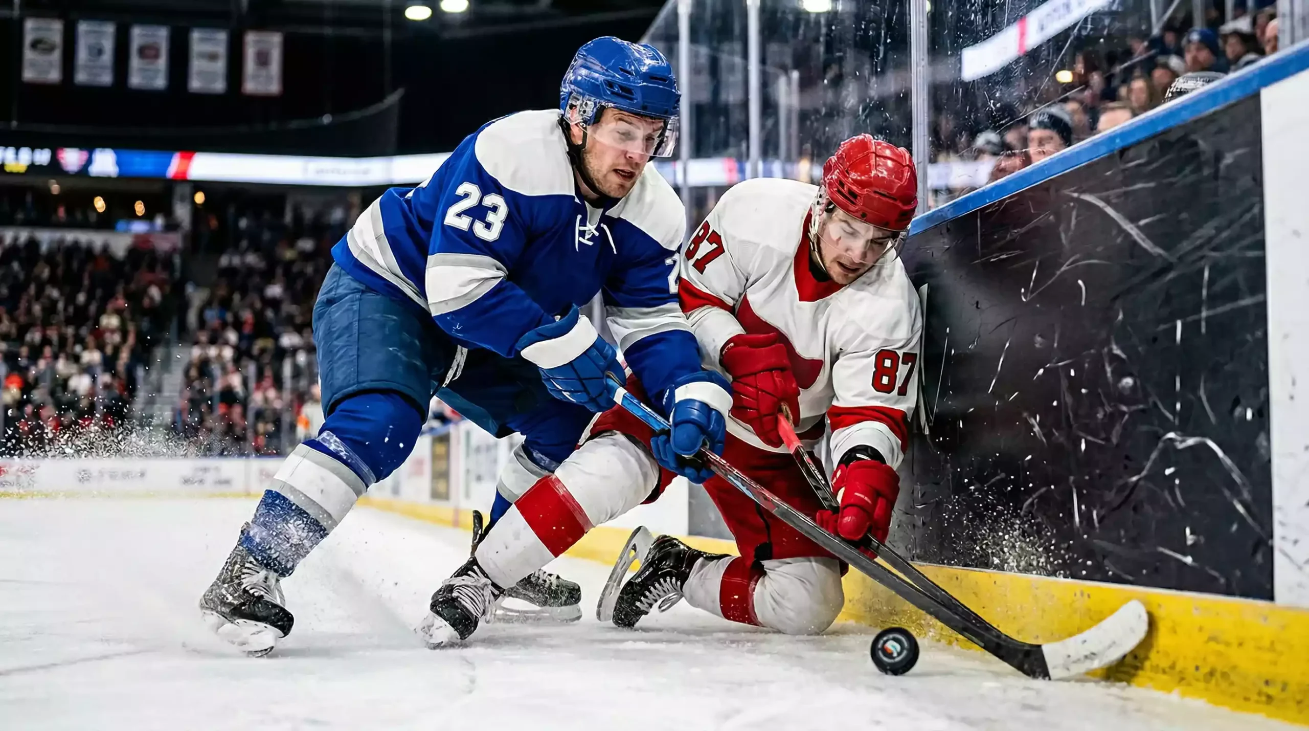 Dynamische Eishockey-Action mit Spielern im Zweikampf