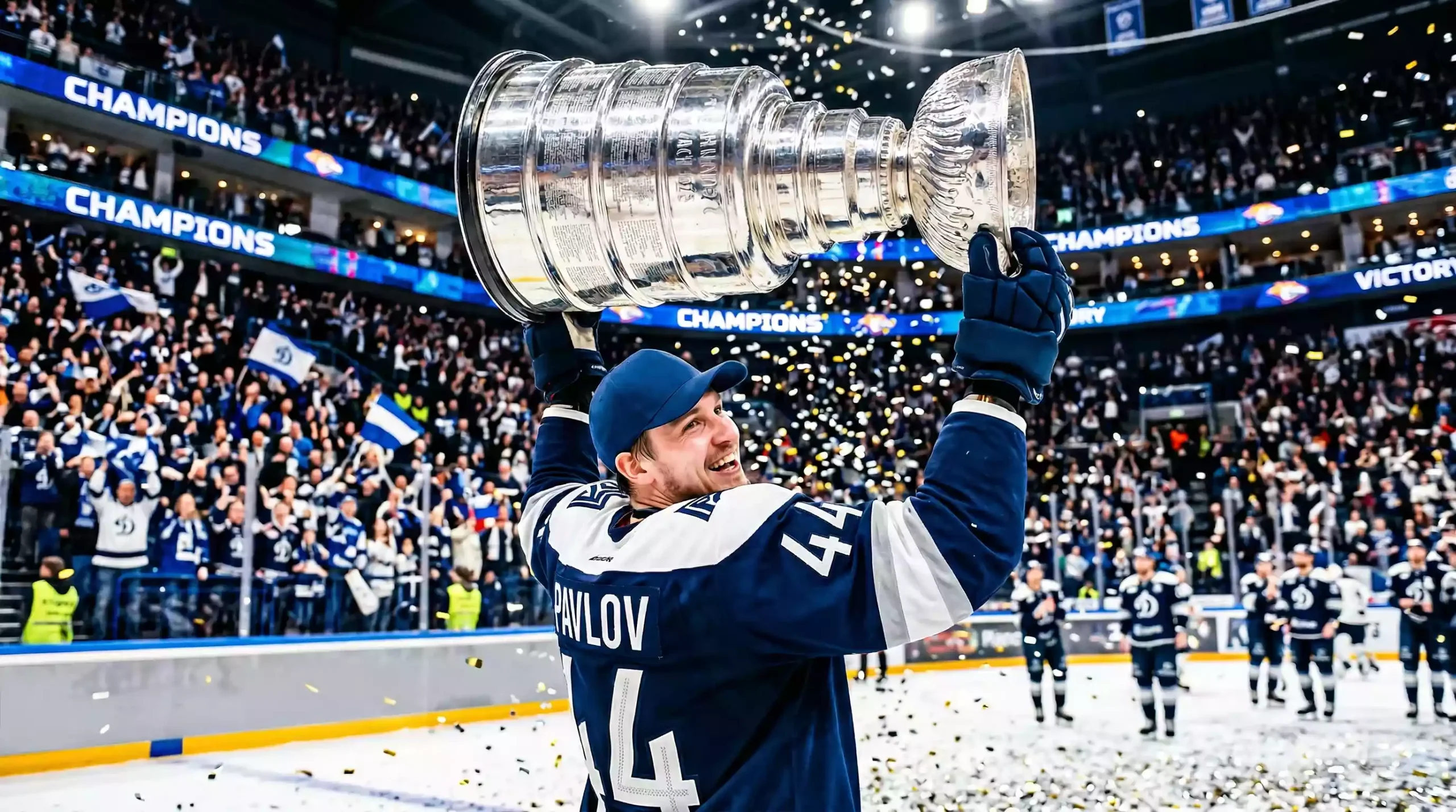 Eishockeyspieler hebt den Stanley Cup Pokal in die Höhe